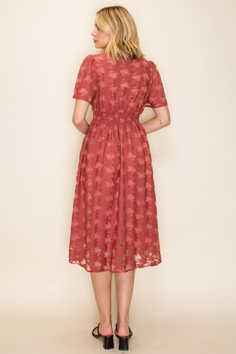 Embossed Smocked Waist Midi Dress