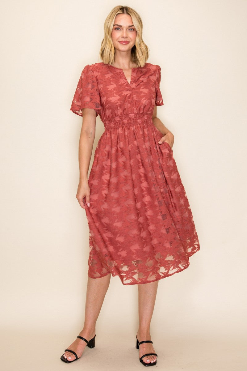 Embossed Smocked Waist Midi Dress