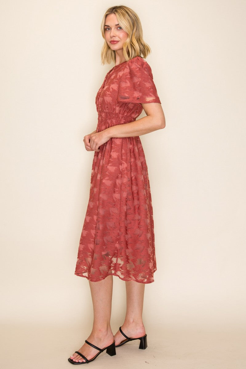 Embossed Smocked Waist Midi Dress