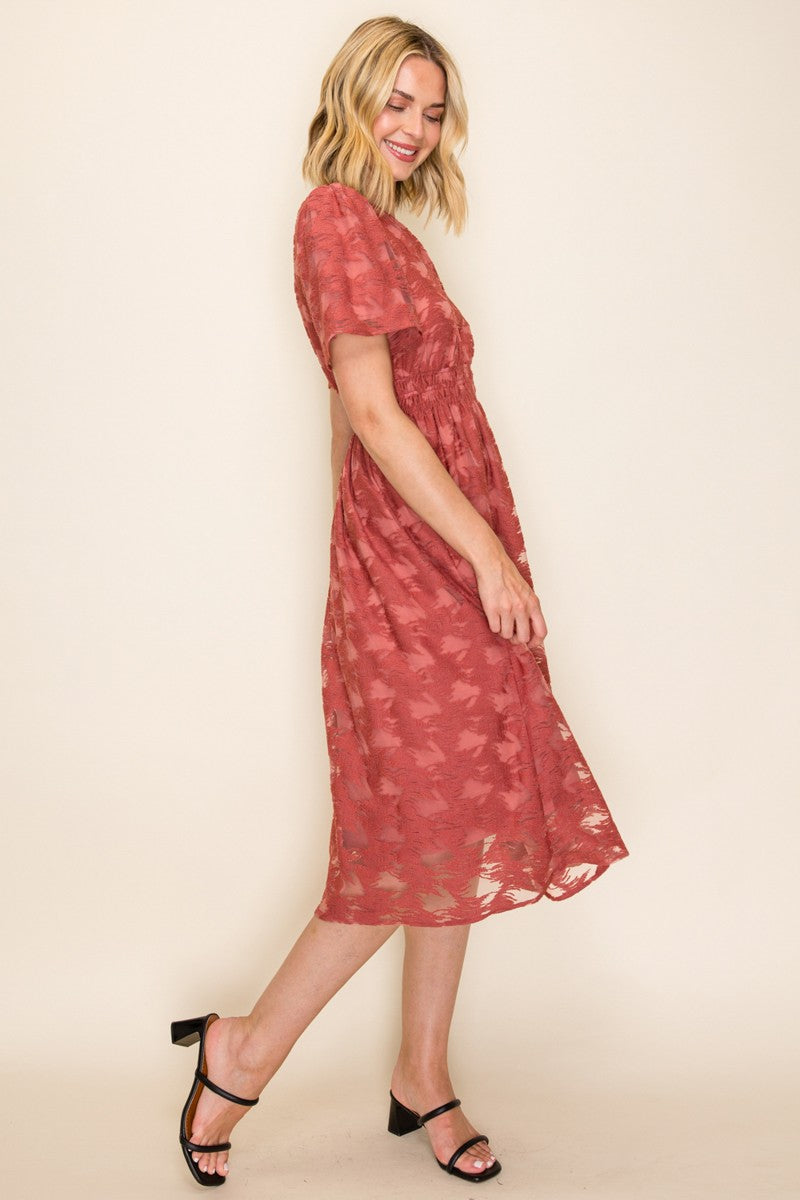 Embossed Smocked Waist Midi Dress