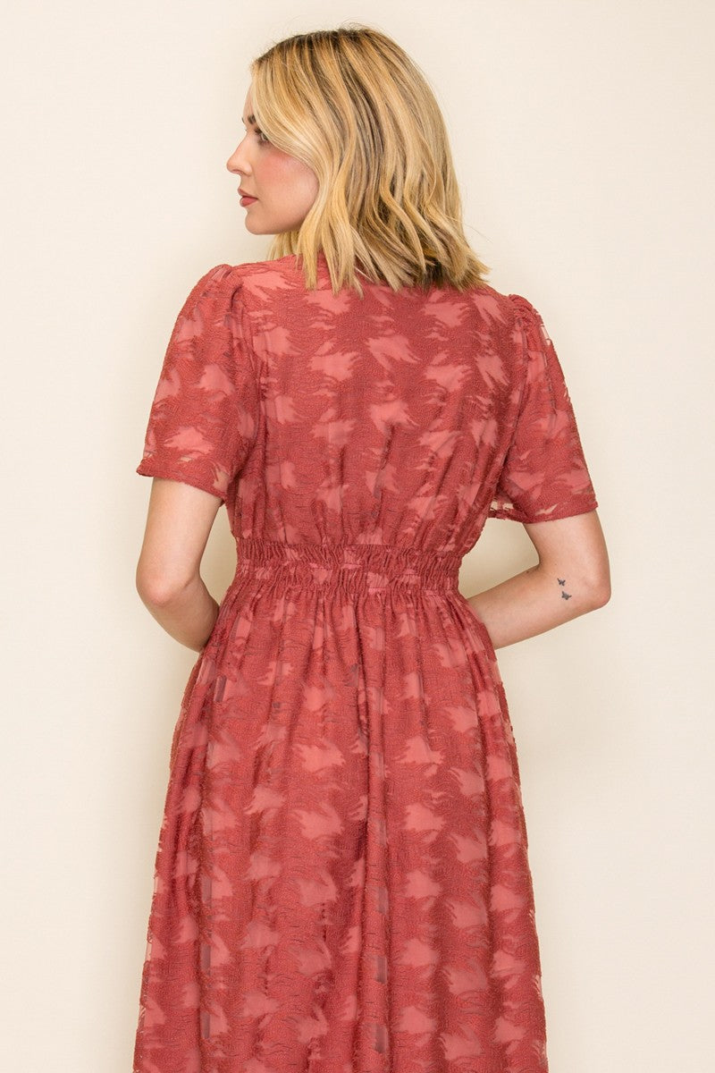 Embossed Smocked Waist Midi Dress