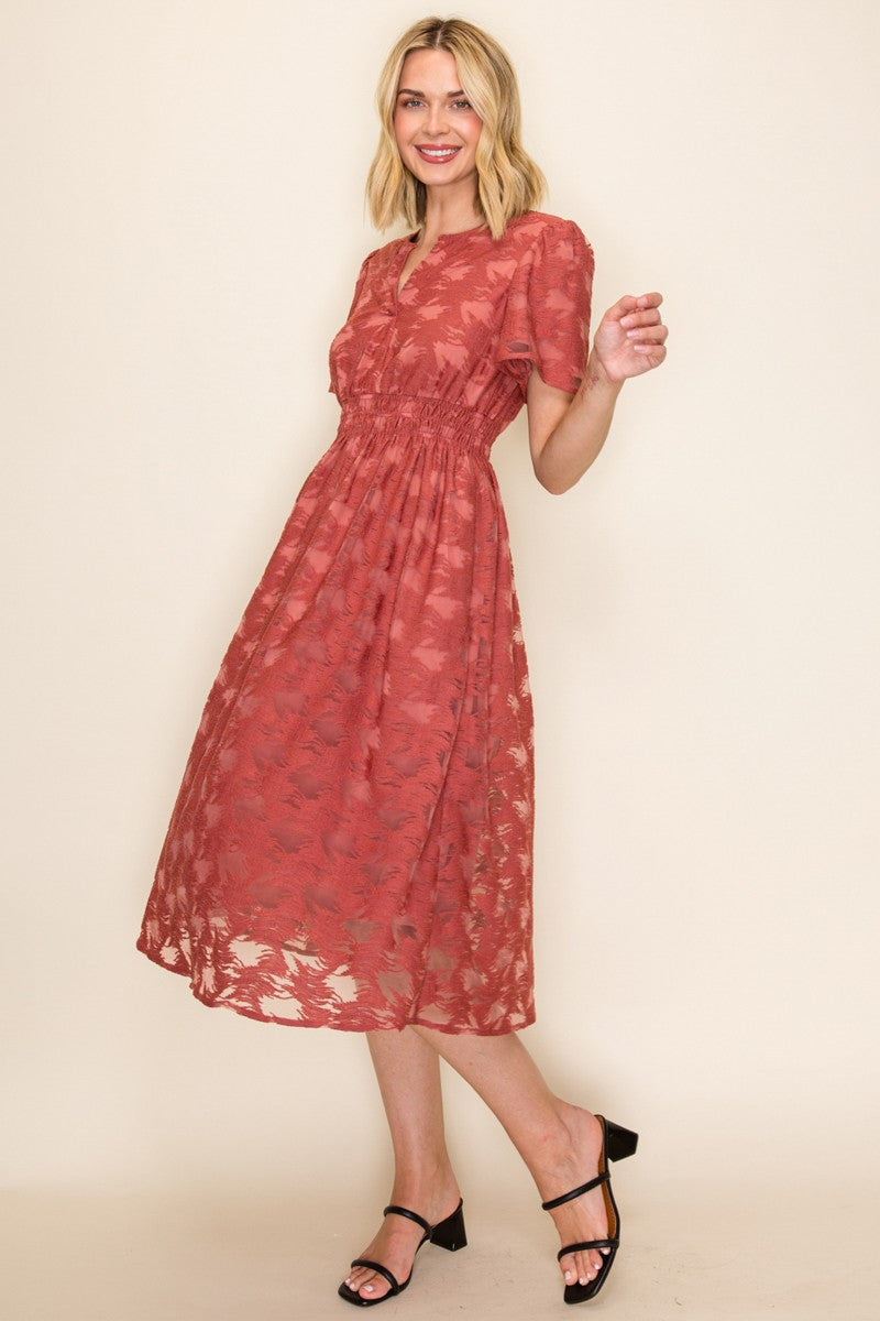 Embossed Smocked Waist Midi Dress