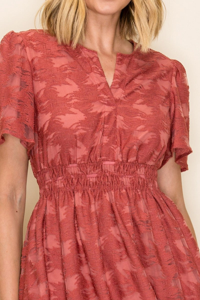 Embossed Smocked Waist Midi Dress