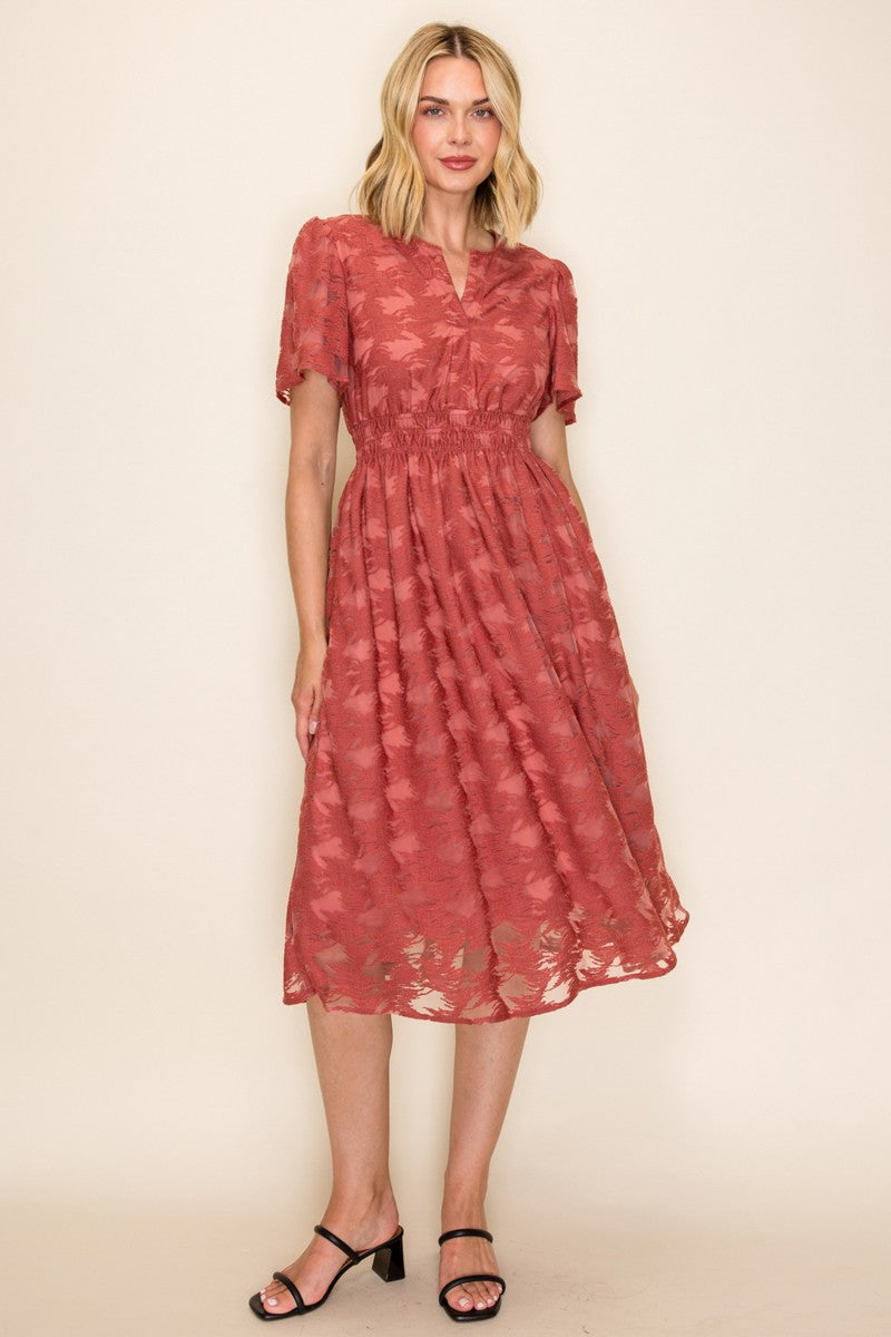 Embossed Smocked Waist Midi Dress