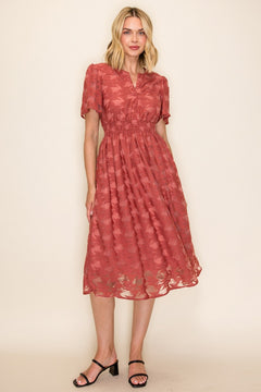 Embossed Smocked Waist Midi Dress