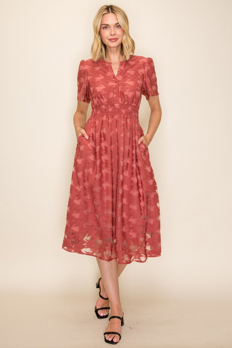 Embossed Smocked Waist Midi Dress
