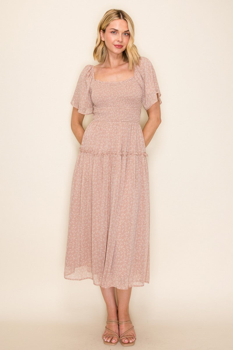 Square Neck Flutter Sleeve Flowy Dress