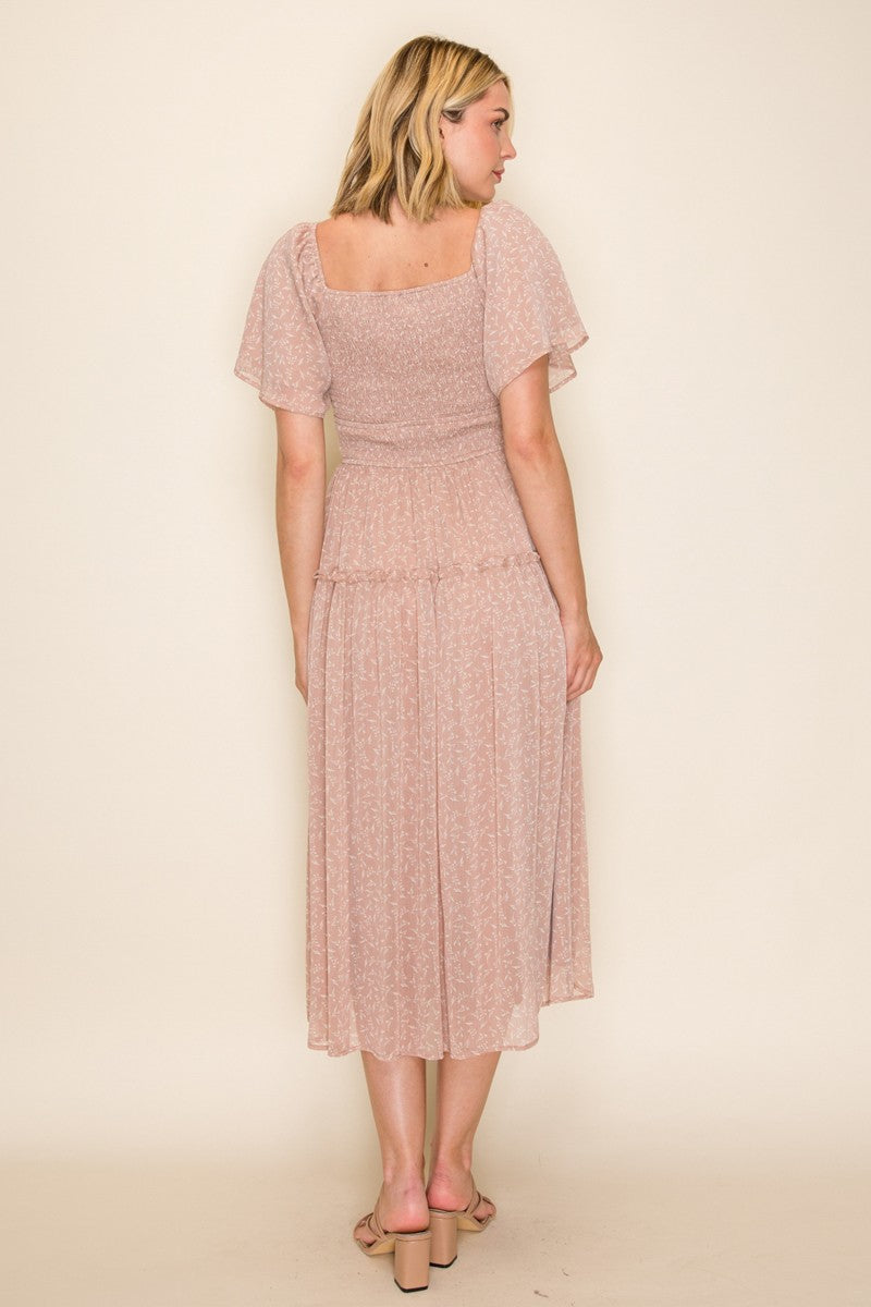 Square Neck Flutter Sleeve Flowy Dress