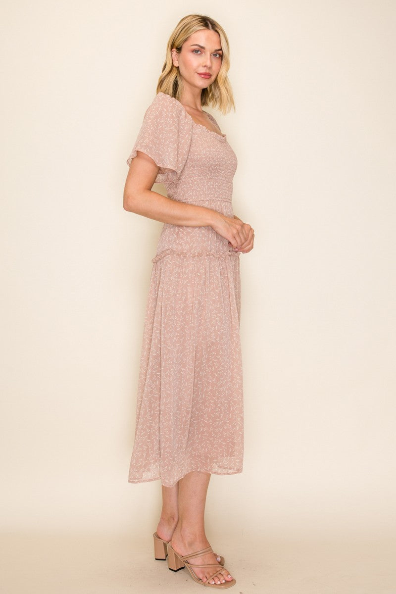 Square Neck Flutter Sleeve Flowy Dress