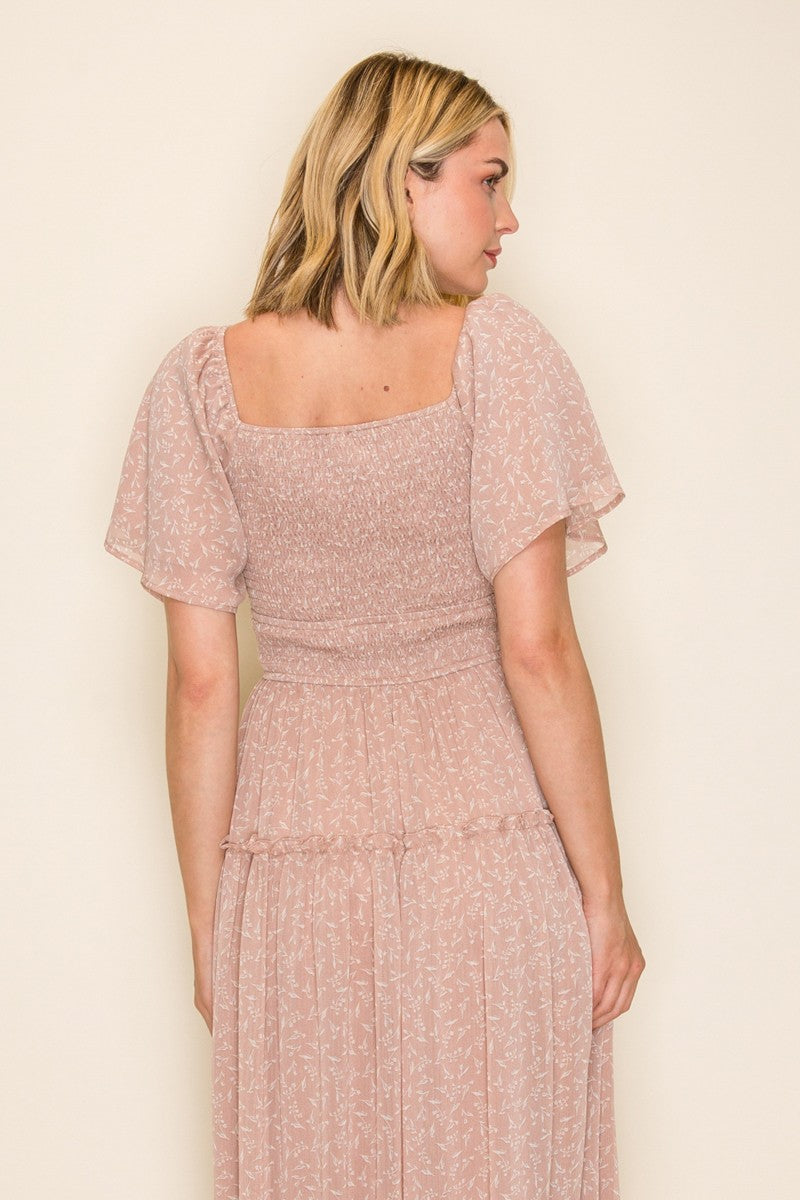 Square Neck Flutter Sleeve Flowy Dress