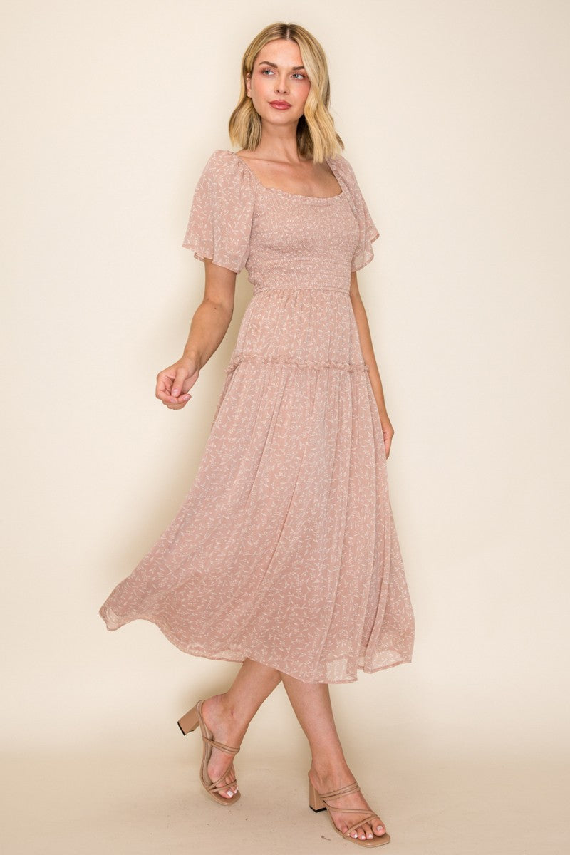 Square Neck Flutter Sleeve Flowy Dress