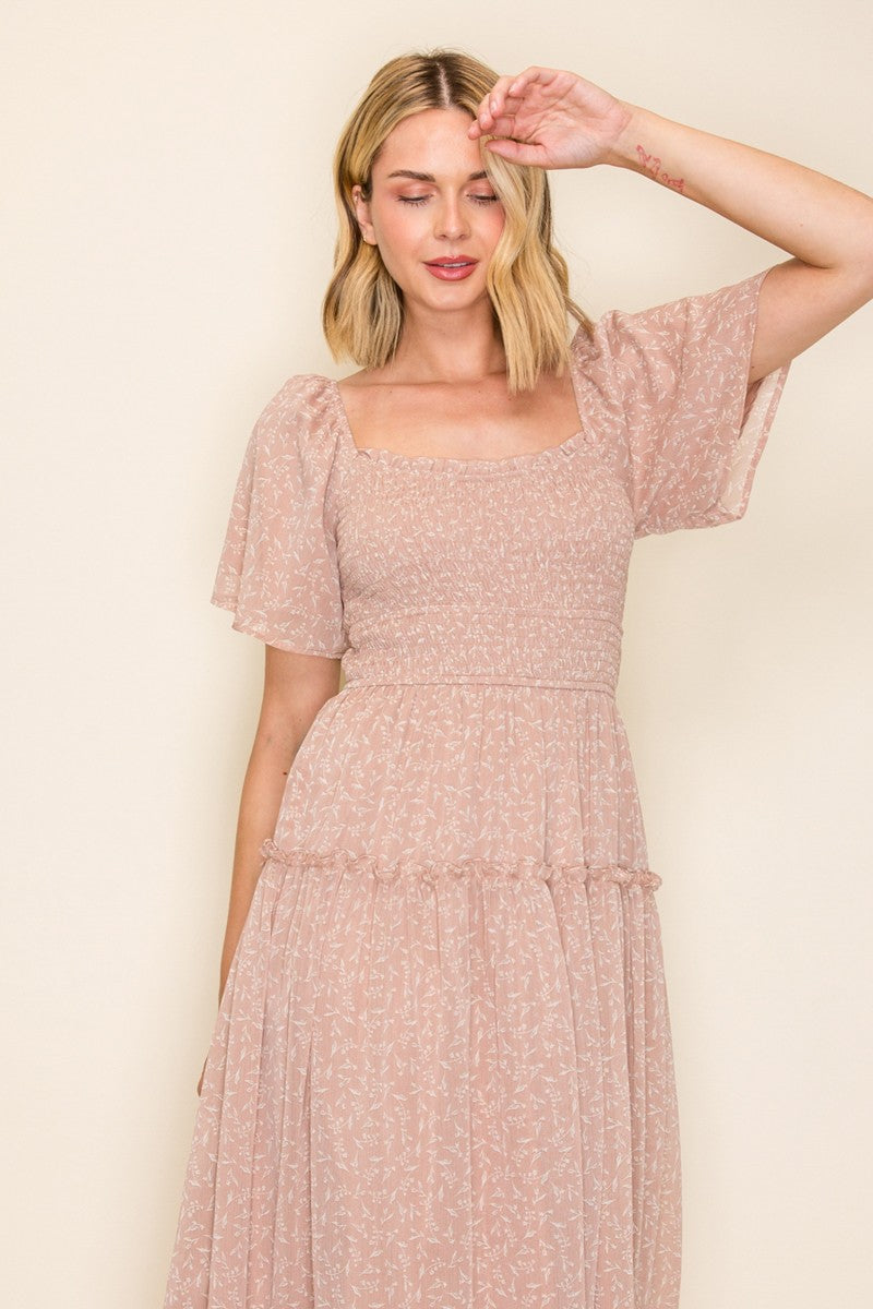 Square Neck Flutter Sleeve Flowy Dress