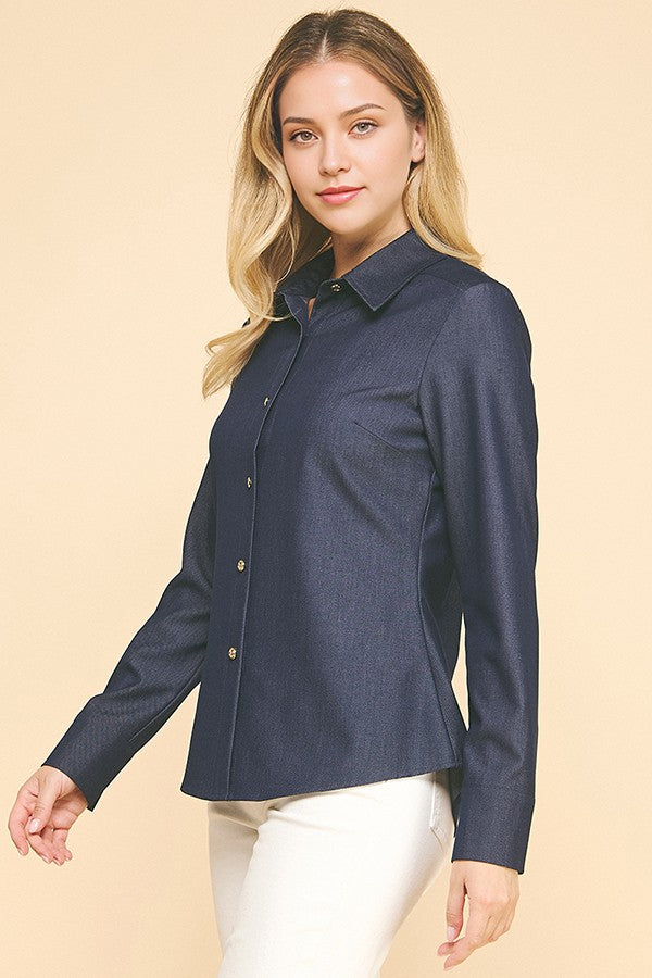 Faux Denim Oversized Tapered Dress Shirt