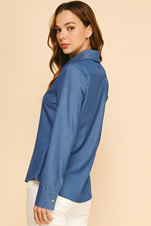 Faux Denim Oversized Tapered Dress Shirt