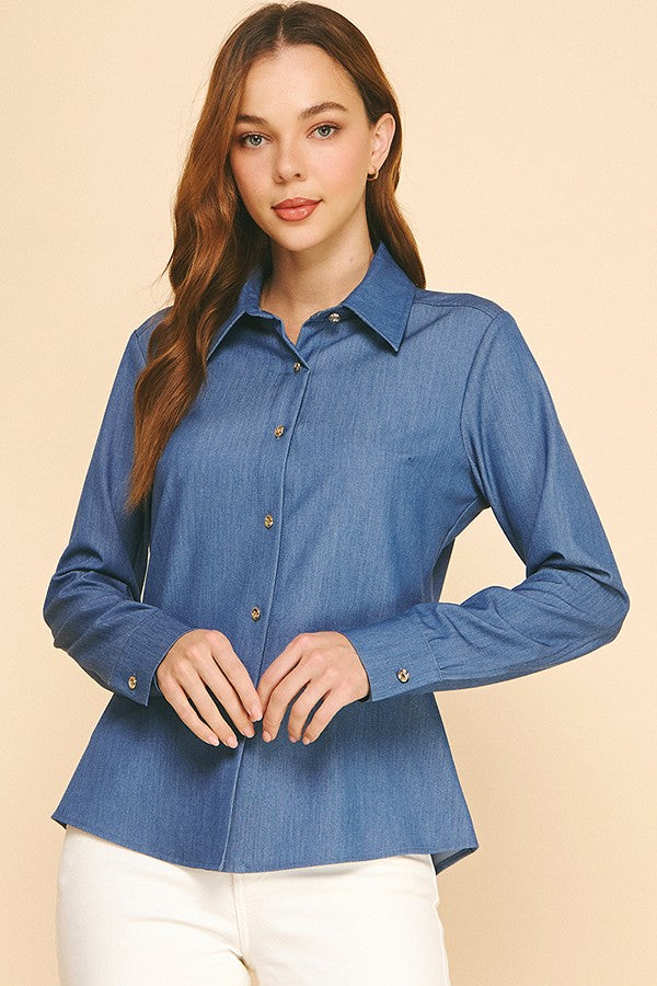 Faux Denim Oversized Tapered Dress Shirt