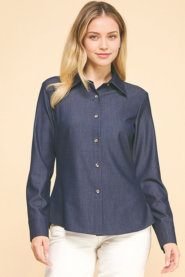 Faux Denim Oversized Tapered Dress Shirt