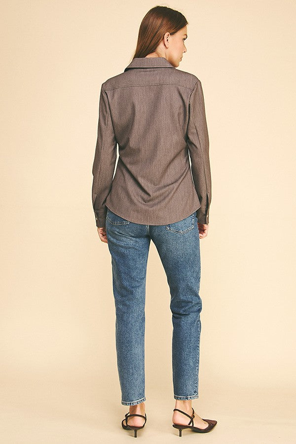 Faux Denim Oversized Tapered Dress Shirt