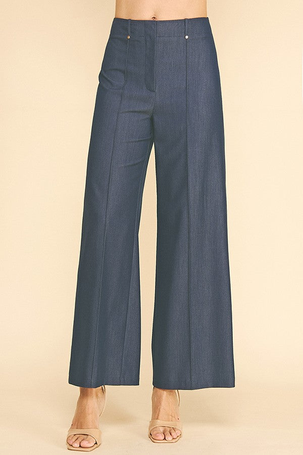Faux Denim Flared Gold Button Belt Loop Trim Wide Leg Pants