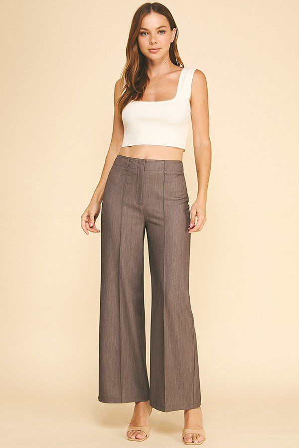 Faux Denim Flared Gold Button Belt Loop Trim Wide Leg Pants