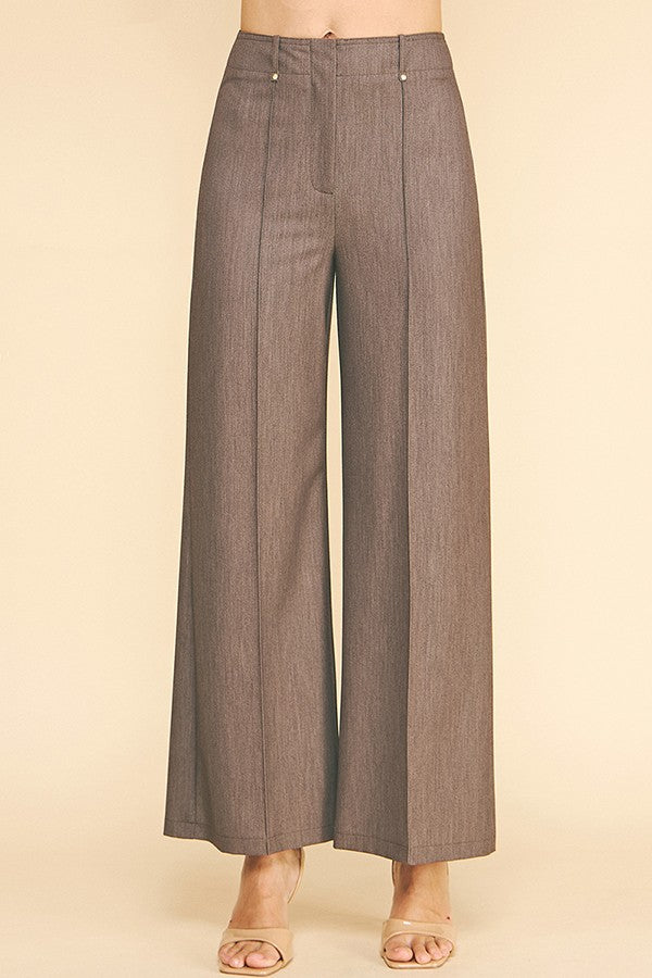 Faux Denim Flared Gold Button Belt Loop Trim Wide Leg Pants