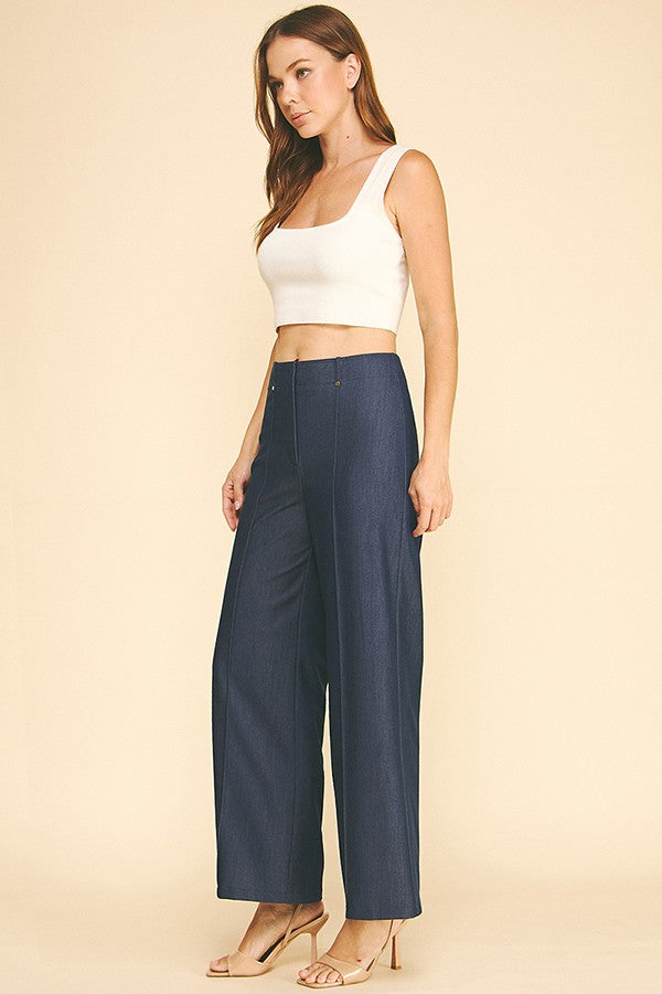 Faux Denim Flared Gold Button Belt Loop Trim Wide Leg Pants