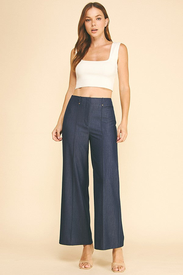 Faux Denim Flared Gold Button Belt Loop Trim Wide Leg Pants