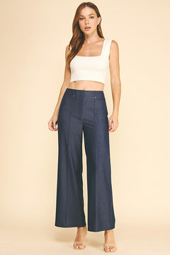 Faux Denim Flared Gold Button Belt Loop Trim Wide Leg Pants