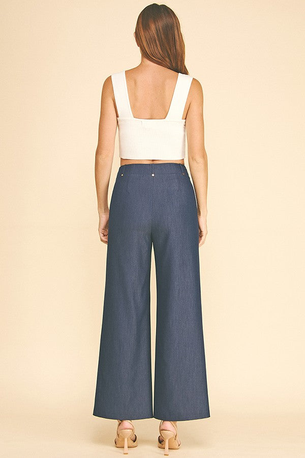 Faux Denim Flared Gold Button Belt Loop Trim Wide Leg Pants