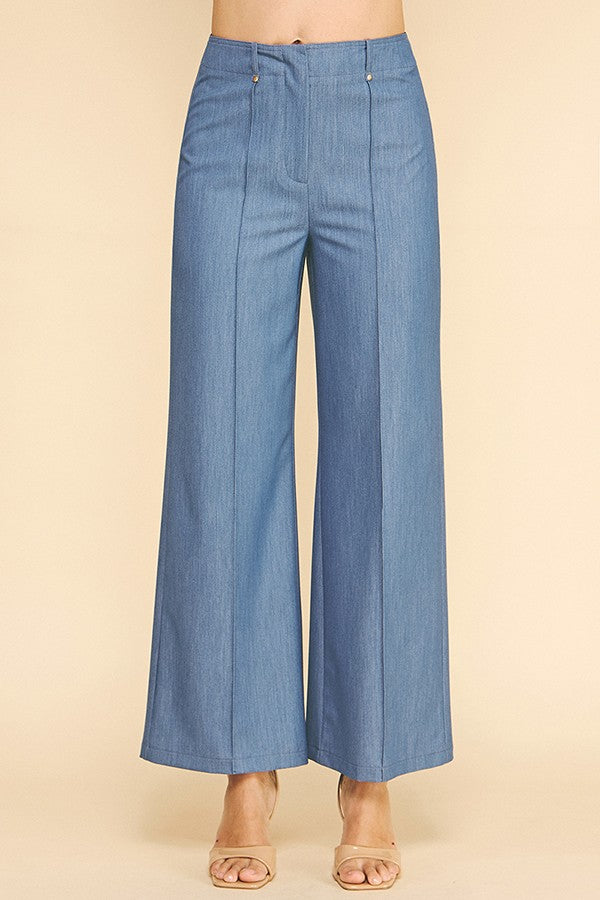 Faux Denim Flared Gold Button Belt Loop Trim Wide Leg Pants