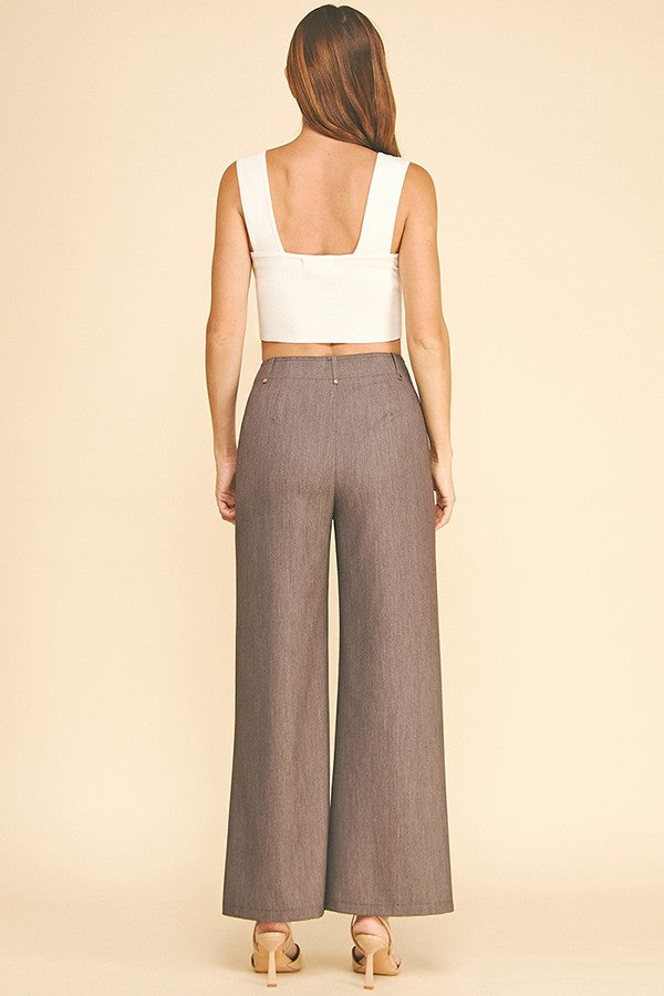 Faux Denim Flared Gold Button Belt Loop Trim Wide Leg Pants