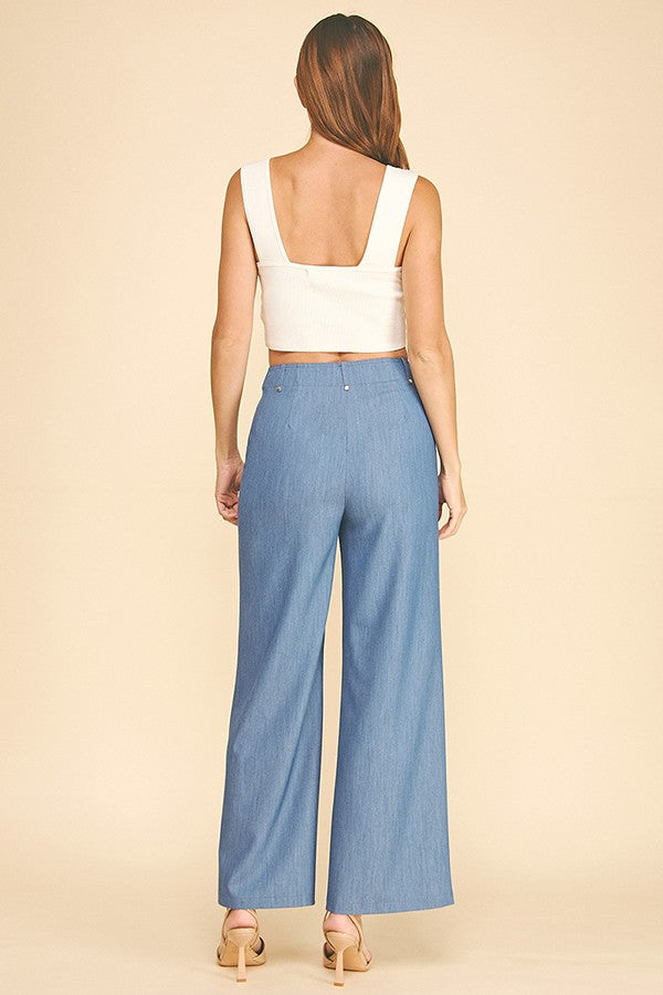 Faux Denim Flared Gold Button Belt Loop Trim Wide Leg Pants