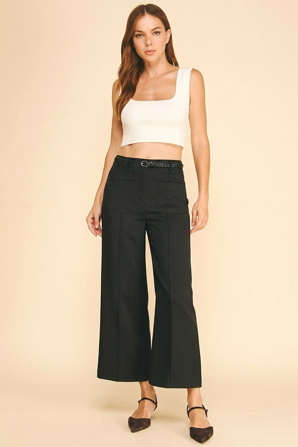 Tweed Braided Leather Belt Front Patch Pocket Trousers