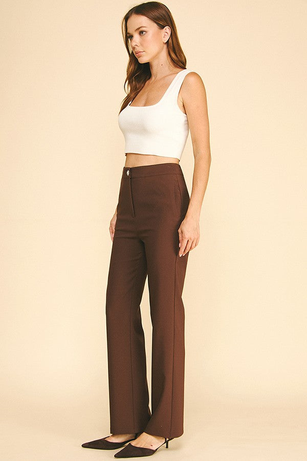 Twill Zircon Jeweled Flower Button Fly Straight Leg Trousers