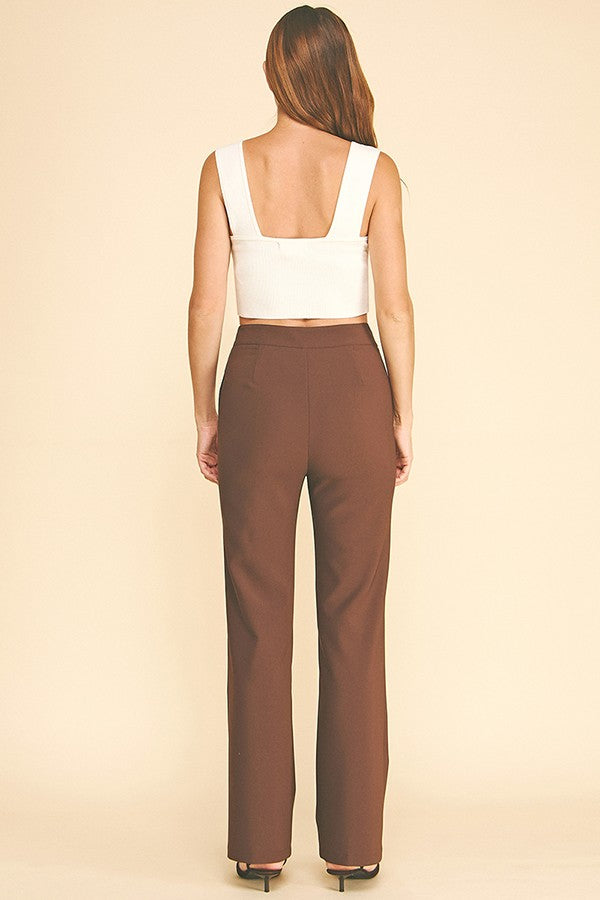 Twill Zircon Jeweled Flower Button Fly Straight Leg Trousers