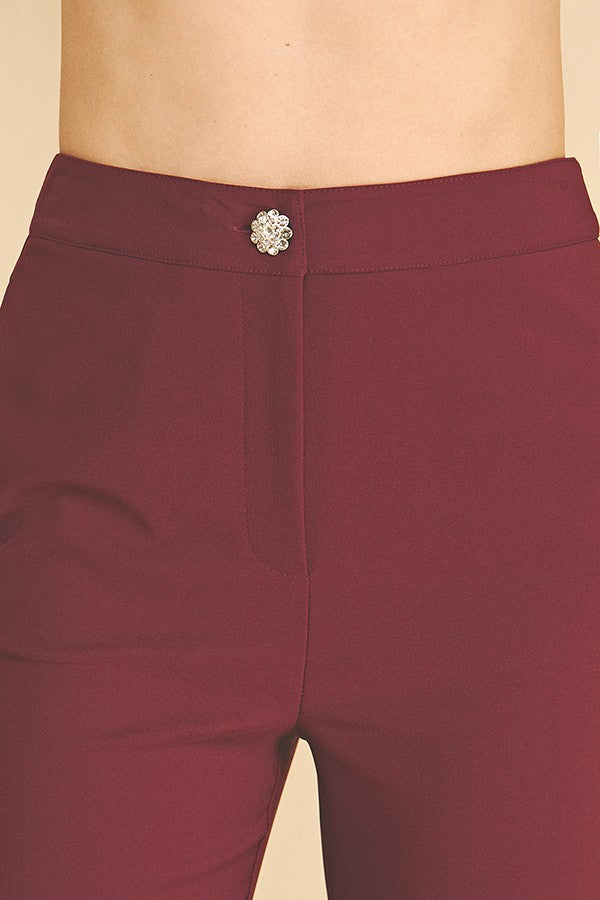 Twill Zircon Jeweled Flower Button Fly Straight Leg Trousers