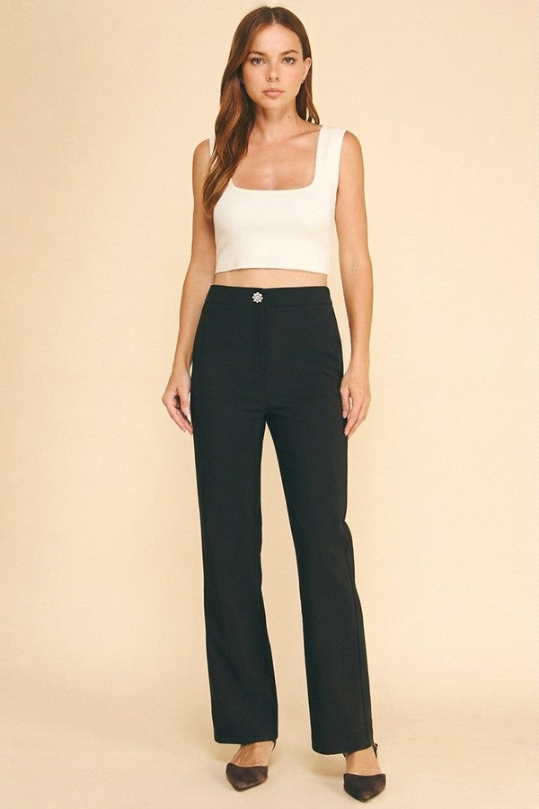 Twill Zircon Jeweled Flower Button Fly Straight Leg Trousers