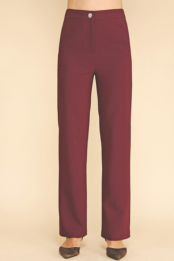 Twill Zircon Jeweled Flower Button Fly Straight Leg Trousers