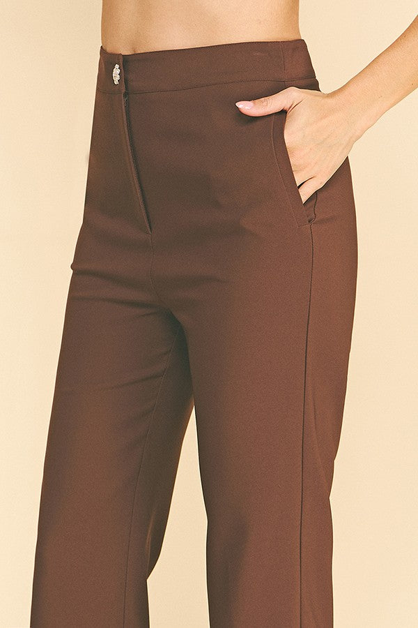 Twill Zircon Jeweled Flower Button Fly Straight Leg Trousers