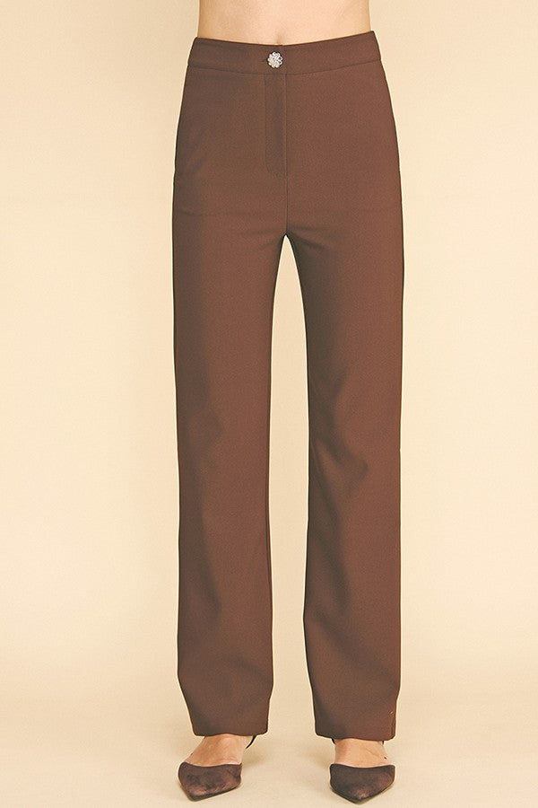 Twill Zircon Jeweled Flower Button Fly Straight Leg Trousers
