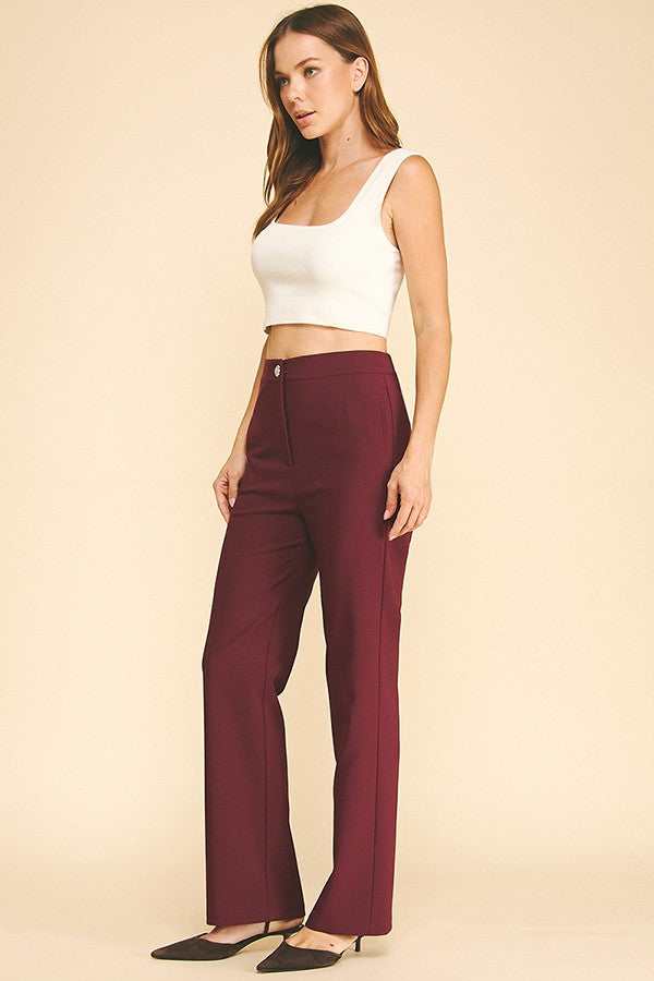 Twill Zircon Jeweled Flower Button Fly Straight Leg Trousers