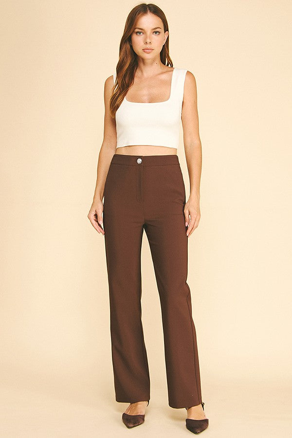 Twill Zircon Jeweled Flower Button Fly Straight Leg Trousers