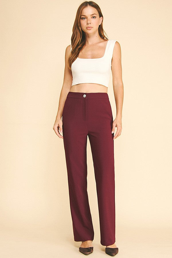 Twill Zircon Jeweled Flower Button Fly Straight Leg Trousers