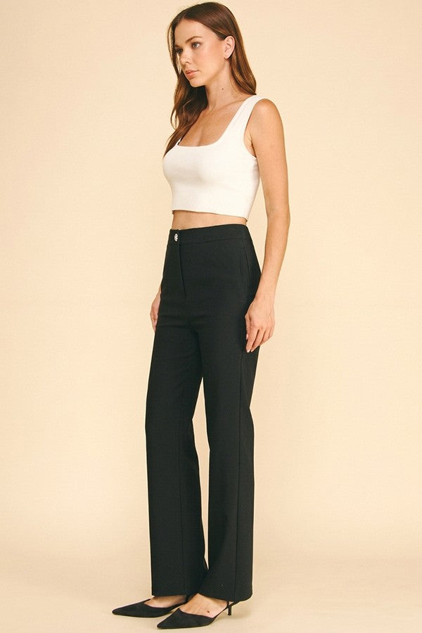 Twill Zircon Jeweled Flower Button Fly Straight Leg Trousers