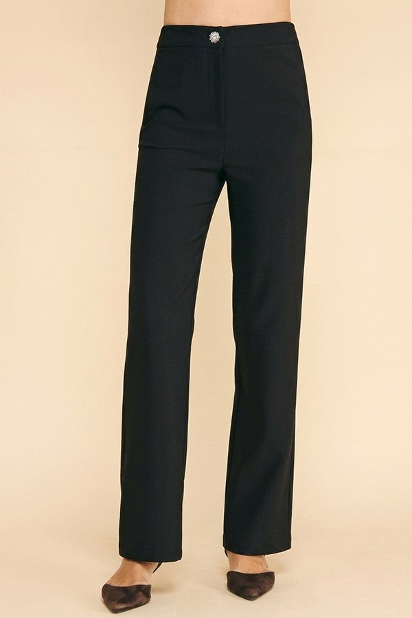 Twill Zircon Jeweled Flower Button Fly Straight Leg Trousers