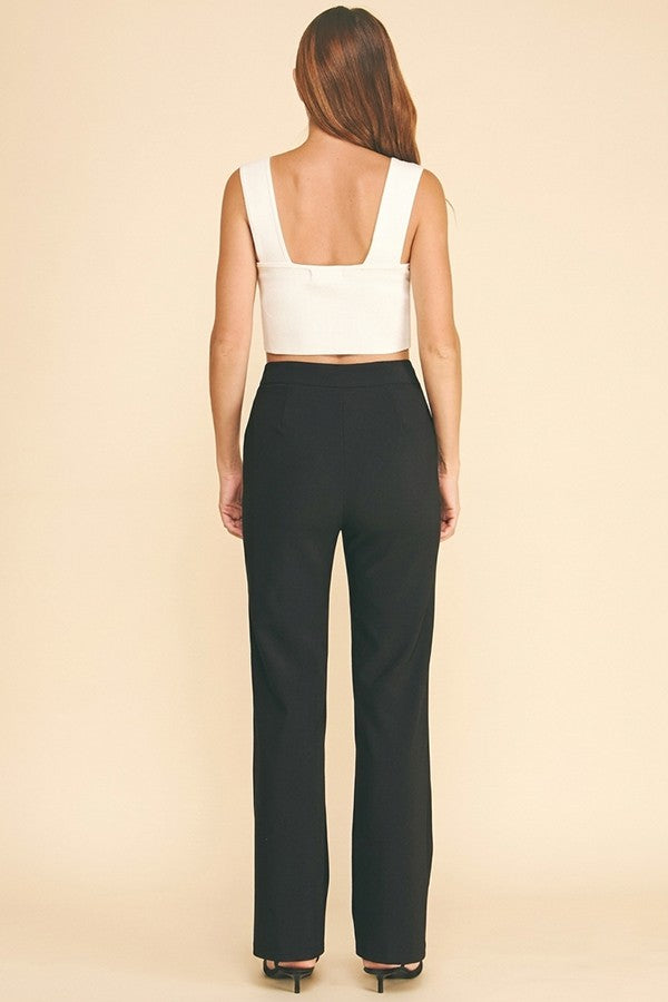Twill Zircon Jeweled Flower Button Fly Straight Leg Trousers