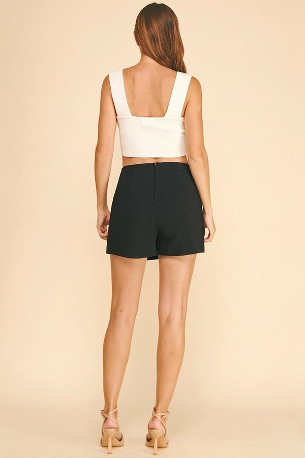 Twill Double Zircon Jeweled Flower Button Wrap Skort