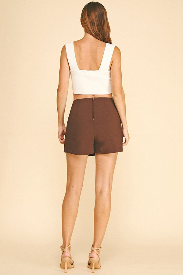 Twill Double Zircon Jeweled Flower Button Wrap Skort