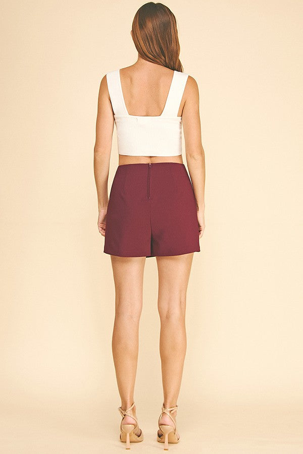 Twill Double Zircon Jeweled Flower Button Wrap Skort