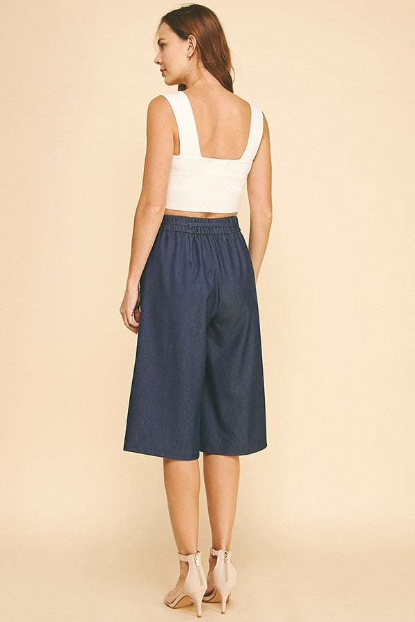 Faux Denim Drawstring Stretch Waist Capri Shorts