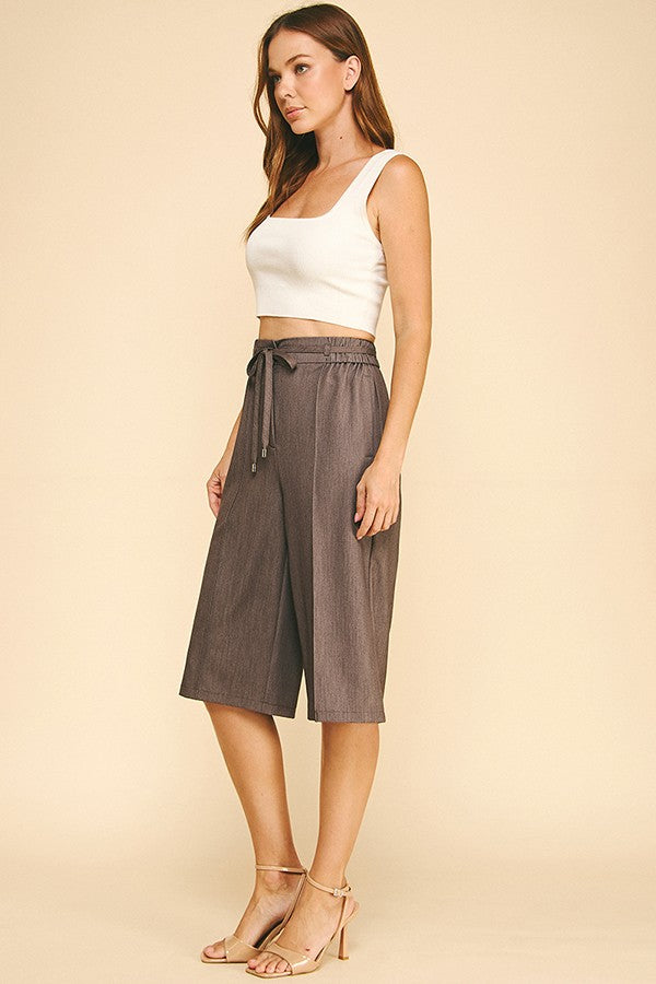 Faux Denim Drawstring Stretch Waist Capri Shorts